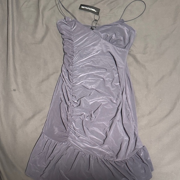 PrettyLittleThing Metallic Grey/Purple Ruched Mini Dress - Picture 2 of 5